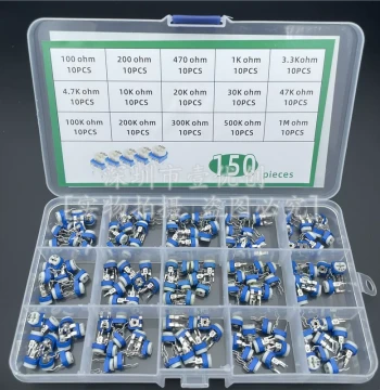 RM065 Horizontal Blue-White Adjustable Resistor Kit - 15 Specifications, 10 Pieces Each (150 Total) with Box