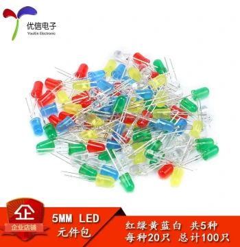 5MM LED Light Component Pack: Red, Green, Yellow, Blue, White (5 Colors, 20 Pieces Each, Total 100 Pieces)