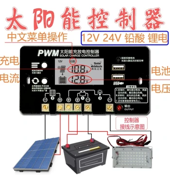 Popular Chinese Interface Solar Controller 12/24V Fully Automatic Charge/Discharge for Home Lead-Acid/Lithium Batteries