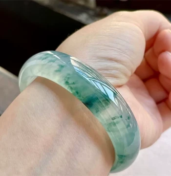 Natural Grade A Burmese Jadeite Bangle, Ice Species with Floating Flowers, Clear Green Round Bar or Guifei Style Bracelet for Young Women