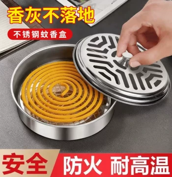 Creative Mosquito Coil Holder Tray Stand, Sandalwood Incense Box, Home Stainless Steel Safety Lid, Fireproof Ash Catcher and Mosquito Coil Bracket