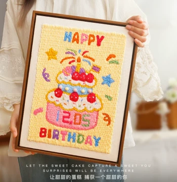 Happy Birthday Punch Needle Embroidery DIY Kit: Heartfelt Homemade Gift for Friends Featuring Cake and Photo Frame Designs