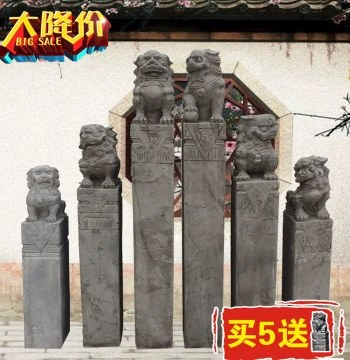 Antique Blue Stone Carved Hitching Posts with Lions, Pixiu, and Qilin for Courtyard and Hotel Landscaping, Twelve Zodiac Signs Aged Stone Pillars