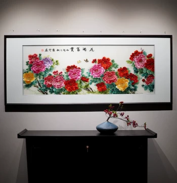 New Chinese Style Embroidery Chinese Peony Picture Pure Handmade Suzhou Embroidery Finished Hanging Painting for Sofa Living Room Decor Traditional Chinese Art