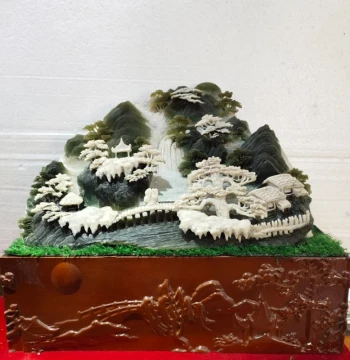 Exquisite Xiuyu Jade Landscape Ornament, Natural Whole Stone with Clever Color Carving, Symbolizing Strong Support, 43x50 cm