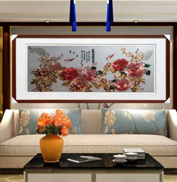 Framed Su Embroidery Finished Product Silk Base Solid Wood Frame Blooming Flowers and Richness Golden Peony Picture Living Room Background Wall Decoration