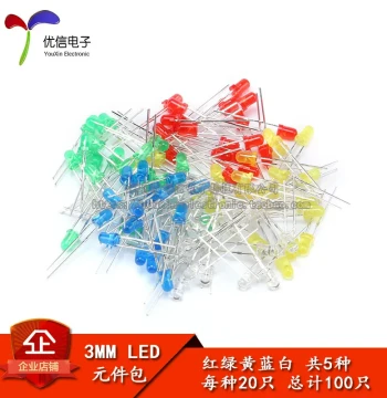 LED Light Emitting Diode 3MM Component Pack: Red, Green, Yellow, Blue, White (5 Colors, 20 Pieces Each, Total 100 Pieces)