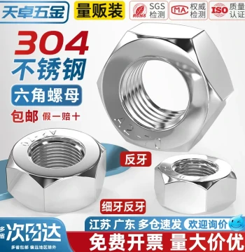304 Stainless Steel Reverse Thread Hex Nuts, Fine Thread Left-Hand Nuts M3 M4 M5 M6 M8 M10-M33