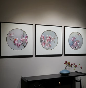Finished Suzhou Embroidery Wall Art: Magnolia Triptych, New Chinese Style Living Room Sofa Background, Pure Handmade Decor from Suzhou