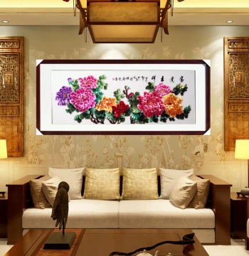 Silk Fabric Peony Flower Su Embroidery Framed Finished Product Solid Wood Frame Embroidery Living Room Decorative Hanging Painting Wealth and Auspiciousness Picture