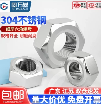 304 Stainless Steel Fine Thread Hex Nuts, Reverse Thread, M5/M6/M8/M10/M12/M16/M20/M30