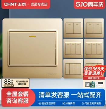 CHNT Switch Button Panel Champagne Gold 86 Type Single-Gang Single-Control Home Socket One-Gang Two-Way Three/Four Light