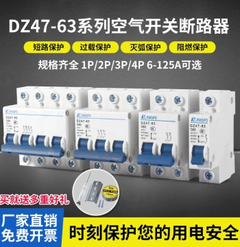 Air Circuit Breaker Two-Phase 220V C45 DZ47 1P 2P 3P 4P 63A Short Circuit and Overload Protector for Home Use