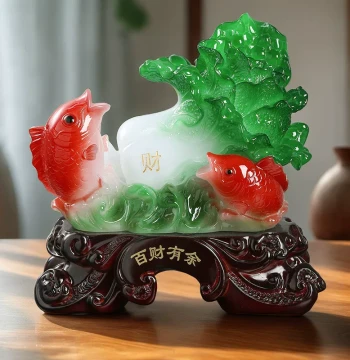 Chinese Style Jade Cabbage Ornament Abundance of Wealth Surplus Opening Business Wealth Attracting Fish Creative Home Decor Living Room TV Cabinet Display