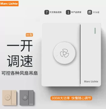 Type 86 Fan Ceiling Fan Speed Controller, Stepless Variable Speed Panel, One-Switch Dual-Control with 300W Speed Knob Switch