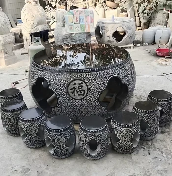 Natural Bluestone Carved Stone Table and Stools: Hollowed-Out Round Fortune Character Design for Home Courtyards, Leisure Tea Tables