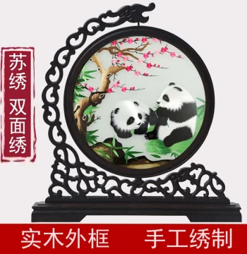 Su Embroidery Double-Sided Embroidery Display Painting Finished Product Solid Wood Panda Suzhou Handmade Embroidery Table Screen Peony Flower Chinese Style Screen