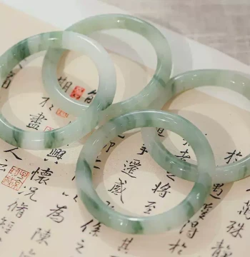 Natural Xinjiang Tianshan Emerald Bracelet, Snow Jade with Gold Silk, Grade A Jadeite with Floating Flowers, Round Bar Style Jade Bangle