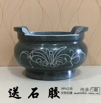 Cemetery Memorial Stone Incense Burner Free Shipping Stone Carved Incense Burner Green Stone Round with Handles 12-20CM Stone Censer