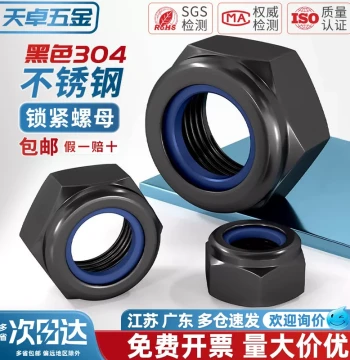 Black 304 Stainless Steel Lock Nuts, Anti-Loose Nylon Hex Slip-Resistant Screw Caps M3 M4 M5 M6 M8 M10