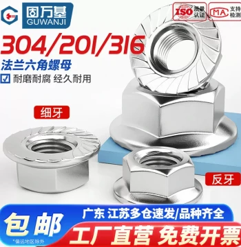 304 Stainless Steel Flange Hex Nut with Serrated Base, Fine/Reverse Thread Locking Nut M4/M5/M6/M20