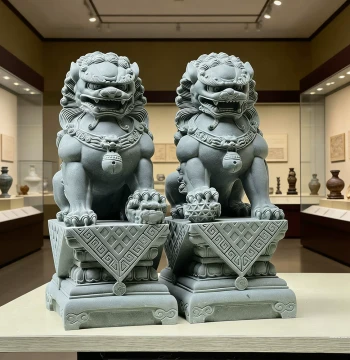 Pair of Green Sandstone Lions for Home Protection, Small Stone Lion Statues, Forbidden City Style Guardians for Entrance, Gate, or Grave