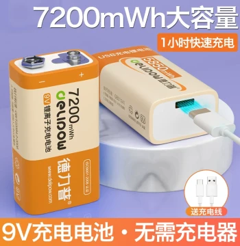 Delipow 9V Rechargeable Lithium Battery High Capacity for Wireless Microphones, Guitars, Multimeters, and Detectors