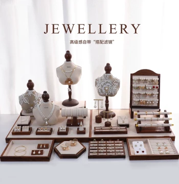 Walnut Wood Jewelry Display Stand with Mannequin for Necklaces, Earrings, Bracelets, and Jewelry Accessories, Display Prop Set for Shops and Street Vending