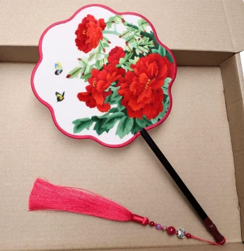 Su Embroidery DIY Round Fan Kit: Double-Sided Embroidered Palace Fan with Lotus and Peony Designs on Real Silk, Handmade Embroidery Materials Compatible with Hanfu