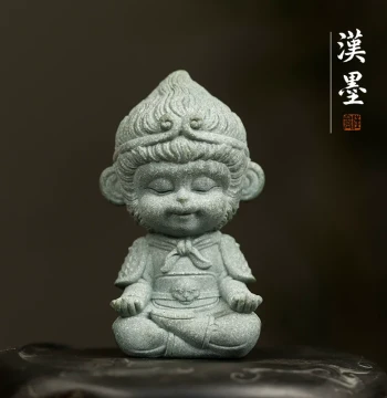 Qingsha Carved Little Wukong Creative Ornament, Paperweight, Ruler, Brush Rest, Tea Pet, Four Treasures of the Study, Calligraphy Cultural Creative, Cute Desktop Decor for Tea Table