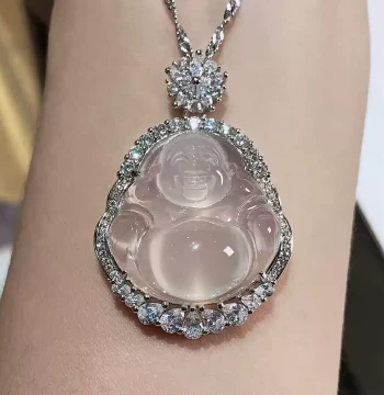 Silver-Inlaid Ice-Grade Ma Material White Chalcedony Buddha Pendant, Agate Necklace for Women, Maitreya Jade Piece, Live Stream Source