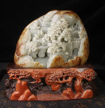 Wang Shizhai Jewelry/Xinjiang Hetian Natural Single Seed Material Raw Stone Landscape Rich Dwelling Mountain Sculpture Ornament with Certificate 1124