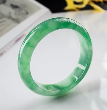 Ice-Grade Violet Jade Bangle - Floating Flower Pattern Emerald Green and Light Green Jade Bracelet