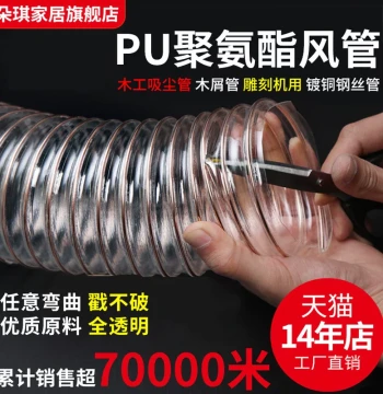 PU Polyurethane Flexible Air Duct with Steel Wire, Transparent Extendable Hose for Wood Dust Collection, Wall Thickness 0.63mm