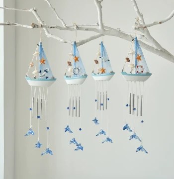 Mediterranean Style Creative Wind Chime: Small Wooden Sailboat Home Decor, Hanging Ornament