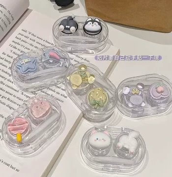Cute Contact Lens Case Portable Compact Lightweight Push-Type No-Twist Cap Integrated Leak-Proof Transparent Colored Contact Lens Box
