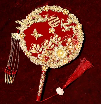Xiuhe Wedding Round Fan for Bride - Traditional Chinese Style Handheld Floral Fan for Wedding Ceremony