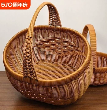 Picnic Rattan-Style Fruit Basket Woven Shopping Basket Egg Handheld Vegetable Basket Round Pure Handmade Hand-Woven with Lid