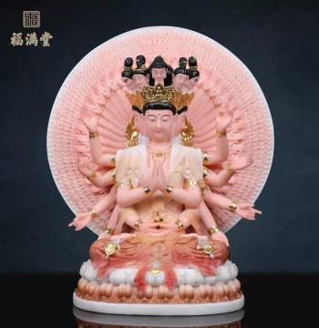 Imitation White Marble Thousand-Eye Thousand-Hand Guanyin Buddha Seated Statue for Home Worship Household Guanyin Bodhisattva Ornament