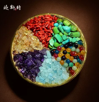 Mandala Plate with Seven Gemstones for Offering Vases: Colorful Natural Agate Eight-Offering Pagoda Gems