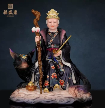 Zuohu Black Mother Statue, Imitation Han White Jade Nine-Tailed Fur Collar Black Old Lady Deity Statue, True Body for Home Worship, Tangkou Tiecha