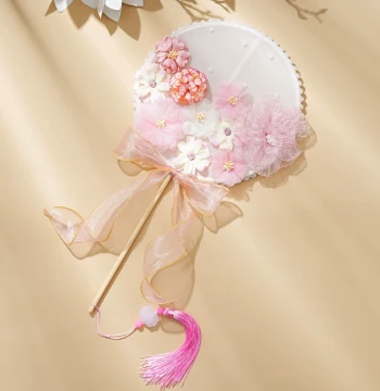 Butterfly Silk Flower Round Fan Handheld Long Handle Ancient Style Hanfu Accessory Versatile Fan Dance Runway Photography Prop Fan