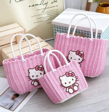 Handwoven Basket Handbag Colorful Cute Cartoon Large Capacity Cartoon Cute Cat Bag Souvenir Gift Shopping Basket