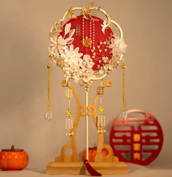 Chinese Style Round Fan, Xiuhe Dress Bride Wedding Marriage Departure Handmade Joy Fan, Ancient Style Finished Fan, DIY Material Kit Fan