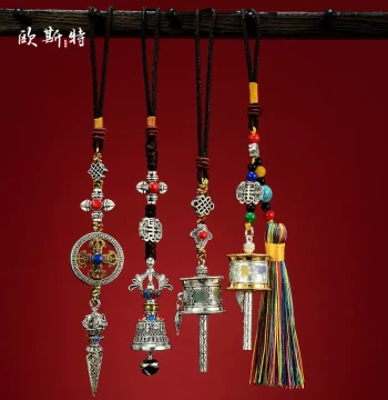 Ouster Vajra Bell Pestle Phurba Pendant Hand-Shaken Prayer Wheel Gold Barrel Unisex Keychain Charm Tibetan Backpack Ornament