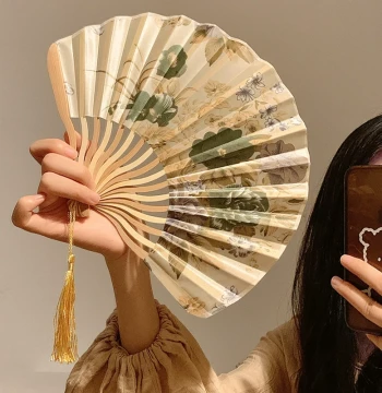 New Chinese Style Ink Wash Painting Folding Fan for Women, Classical Hanfu Photo Prop, Summer Portable Shell Fan