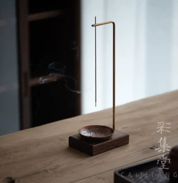 Caijitang Pure Copper Hanging Incense Holder, Black Walnut Solid Wood Incense Utensil, Tea Room Incense Ceremony Gift, Home Line Incense Burner Base