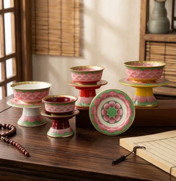Enamel Ceramic Offering Bowl Buddha Pure Water Bowl Temple Offering Vegetarian Bowl Home Indoor High-Foot Lotus Water Offering Ornament