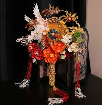 Fengyinting Bride Wedding Xiuhe Suit Round Fan New Chinese Style Intangible Cultural Heritage Wrapped Flower Face-Covering Golden Finished Round Fan