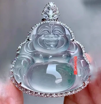 Jade Green Ice-Translucent Jade Buddha Pendant 18K Gold 925 Silver Inlaid Maitreya Buddha Charm